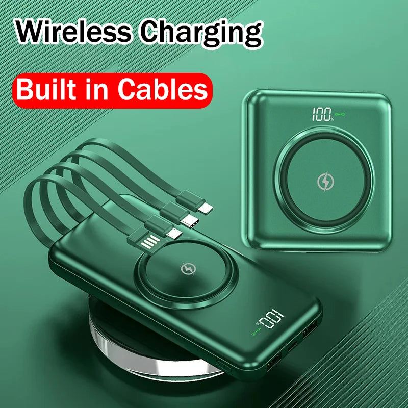 30000mAh Wireless Power Bank Built-in Cable Portable Charger Universal Mobile Phone External Spare Battery for IPhone Powerbank