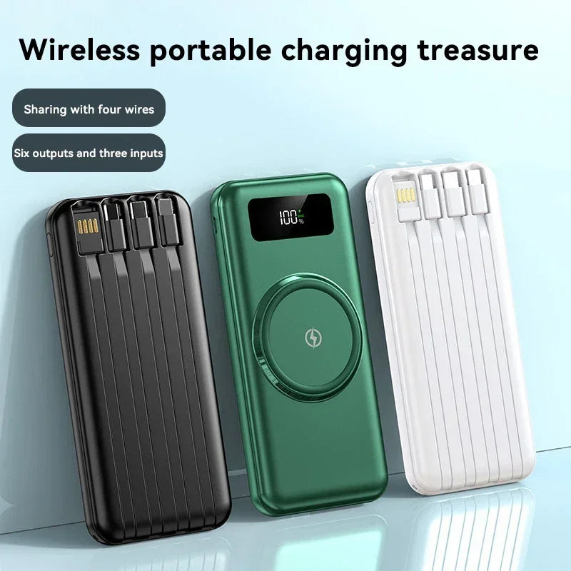 40000mah Wireless Power Bank Large Capacity Portable 5In1 Charge Powerbank Built-in Cables Dual USB External Battery For Xiaomi