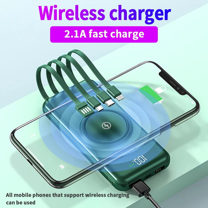 40000mah Wireless Power Bank Large Capacity Portable 5In1 Charge Powerbank Built-in Cables Dual USB External Battery For Xiaomi