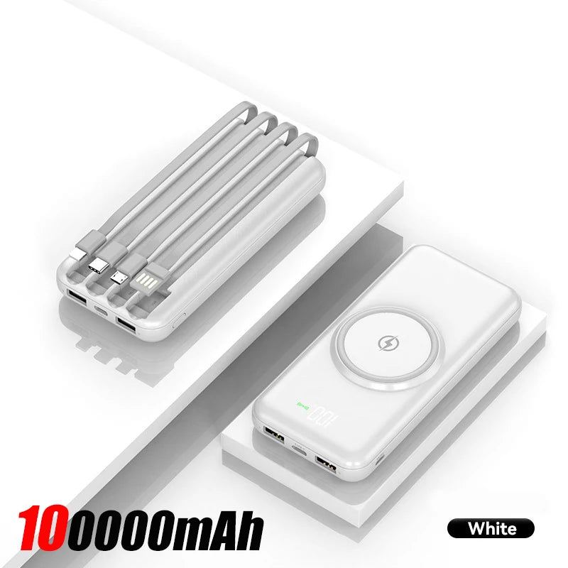 40000mah Wireless Power Bank Large Capacity Portable 5In1 Charge Powerbank Built-in Cables Dual USB External Battery For Xiaomi