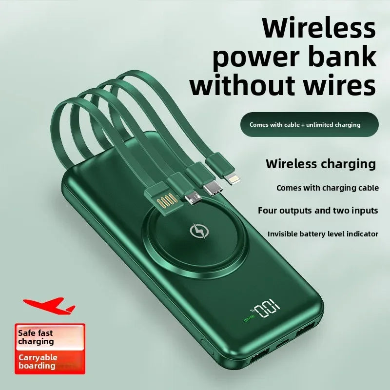 30000mAh Wireless Power Bank Built-in Cable Portable Charger Universal Mobile Phone External Spare Battery for IPhone Powerbank