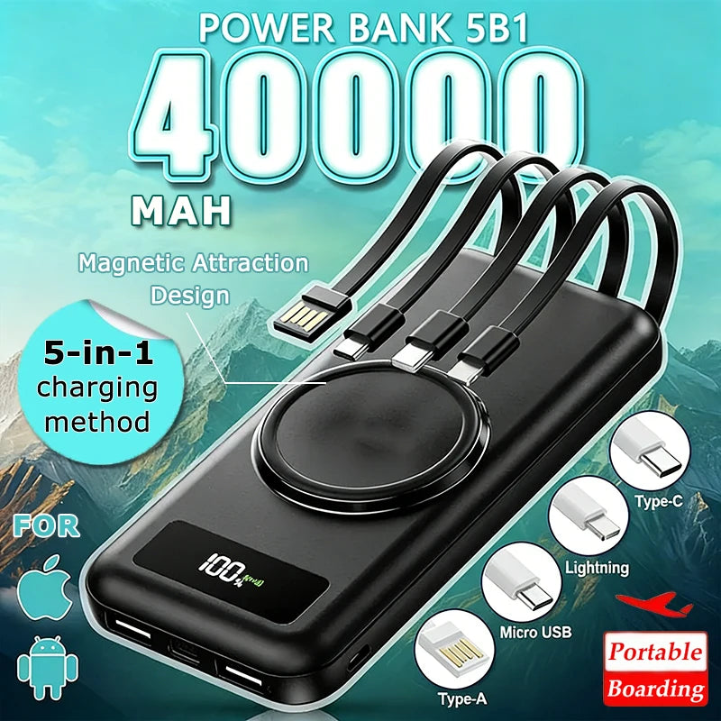 40000mah Wireless Power Bank Large Capacity Portable 5In1 Charge Powerbank Built-in Cables Dual USB External Battery For Xiaomi