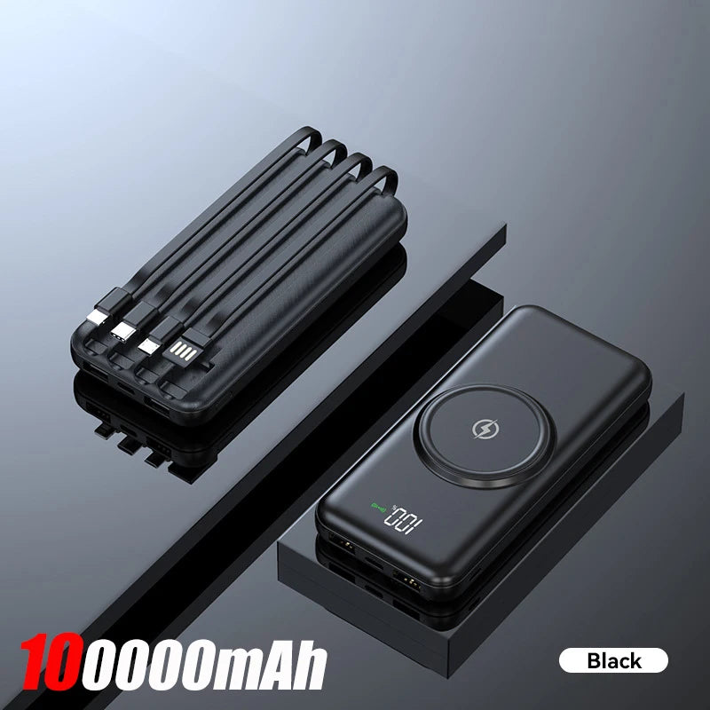 40000mah Wireless Power Bank Large Capacity Portable 5In1 Charge Powerbank Built-in Cables Dual USB External Battery For Xiaomi