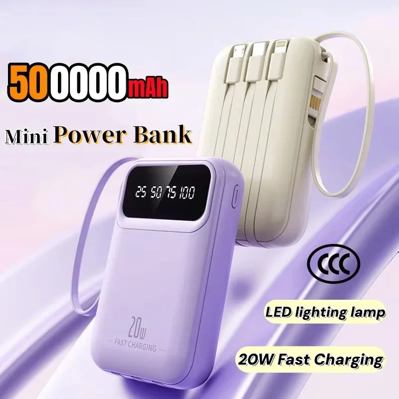 500000mAh Capacity Power Bank Large Capacity Super Fast Charging External Battery Built in 4 Wires for iPhone Huawei
